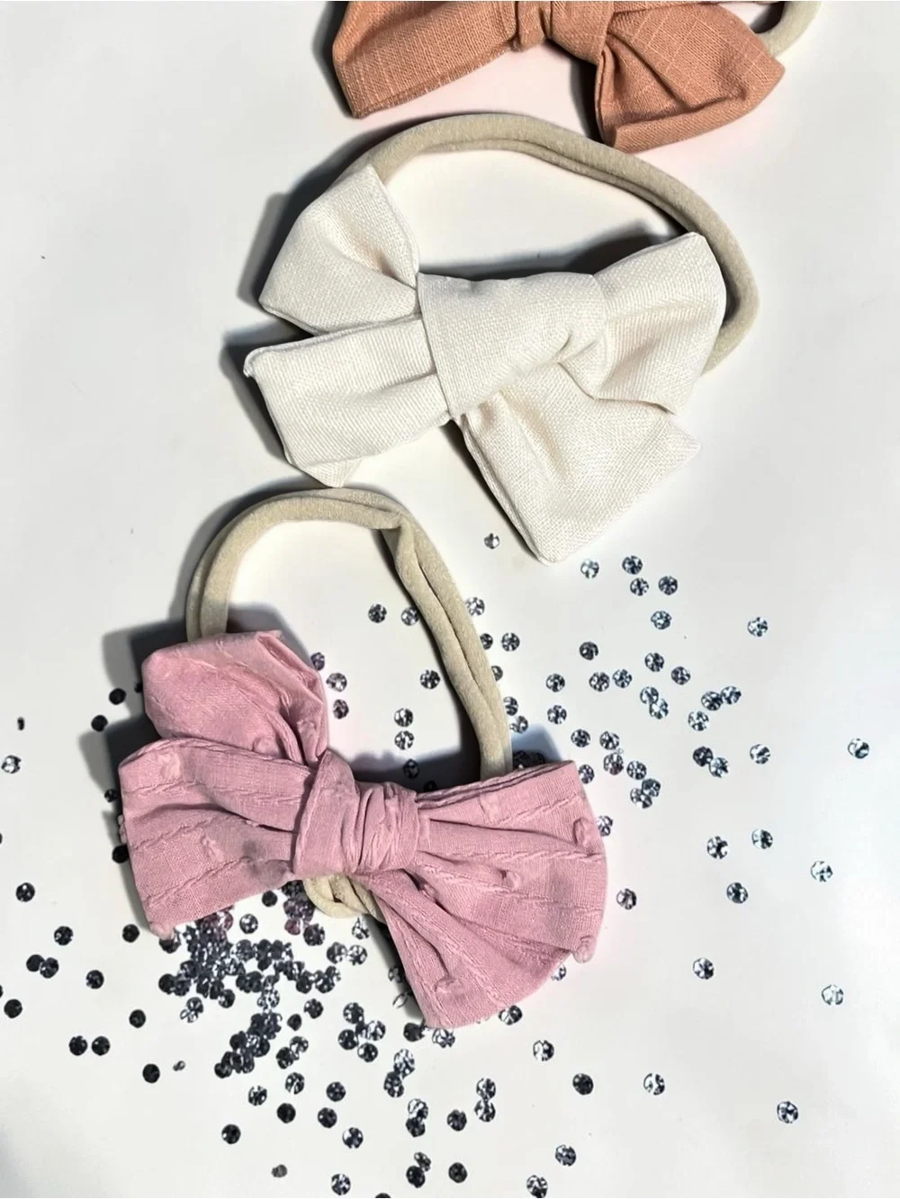 Handmade Baby Hair Bows Set of 3 | Stretchy Nylon Headbands | Soft Linen Texture
